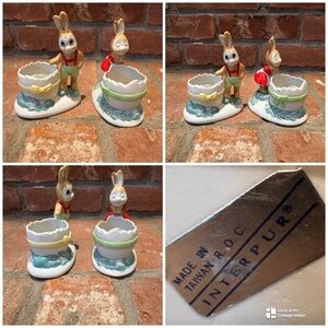 Set of 2 Vintage 1970s Interpur Easter Ceramic Bunny Egg Dish, Planter